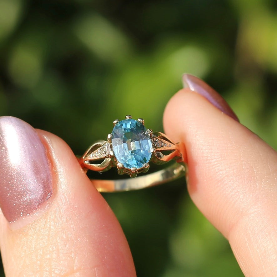 Oval Blue Zircon with Decorative Diamond Shoulders, size N or 6.75