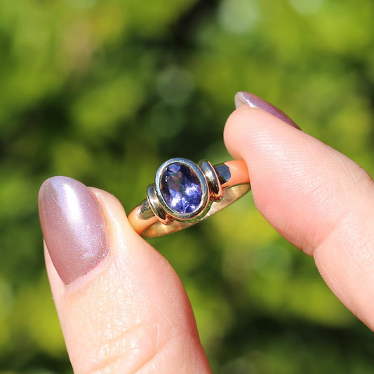 Vintage Oval Iolite Bezel Set, in a Chunky 9ct Yellow Gold Ring, size N1/2 or 7