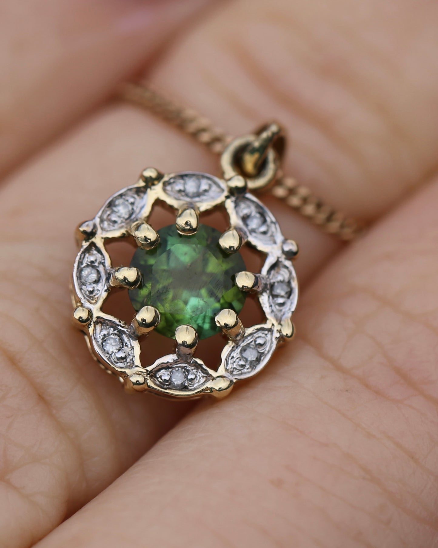 Vintage 0.7ct Green Tourmaline and Diamond Pendant, 9ct Yellow Gold, 1.15g