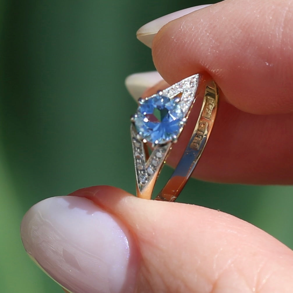 Pristine Early Australian 1930s Dunklings Blue Zircon & Diamond RIng, size L or just over 5.5