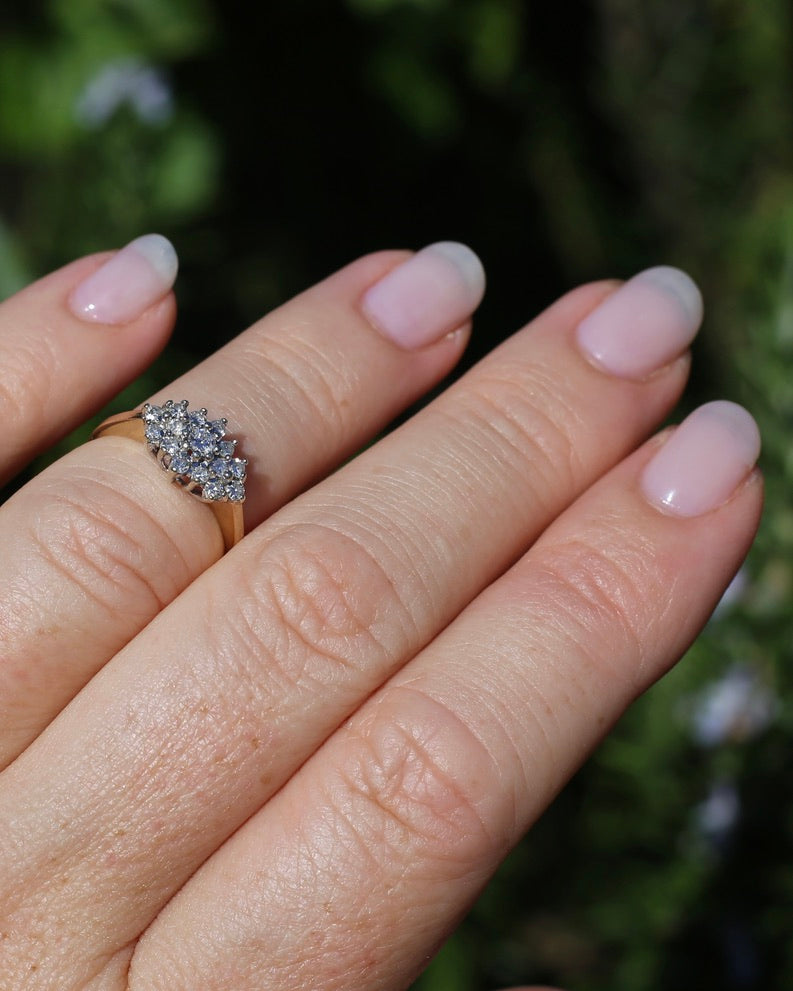 1991 London Made Diamond Cluster Ring, 9ct Yellow and White Gold, size J or 4.75, 2.2g