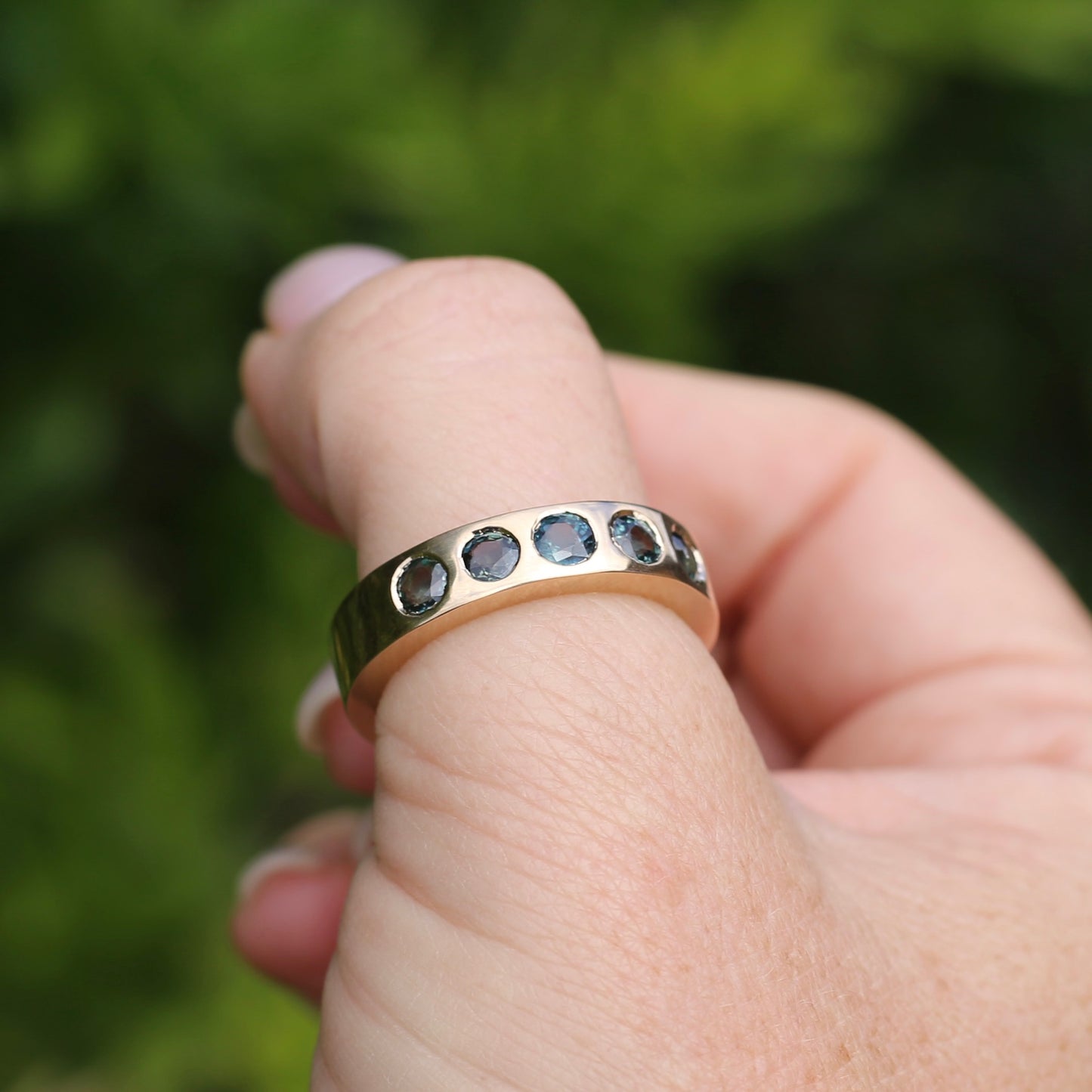 Custom Reclaimed Gold Chunky 9ct Rings with 4mm Parti Sapphires