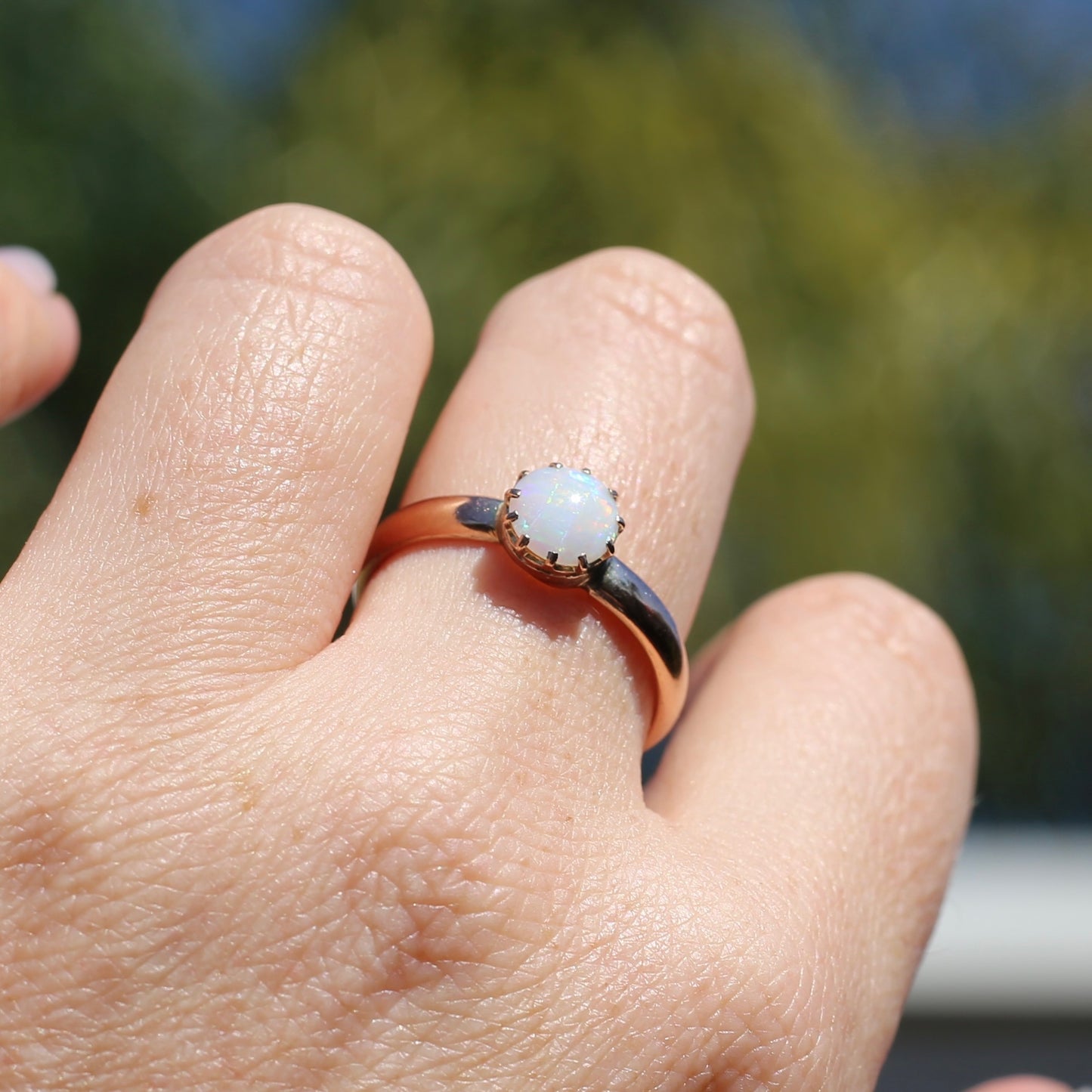 Early Australian 11 Multi Claw White Round Opal Ring, 9ct Old Rosey Gold, size 10 or U