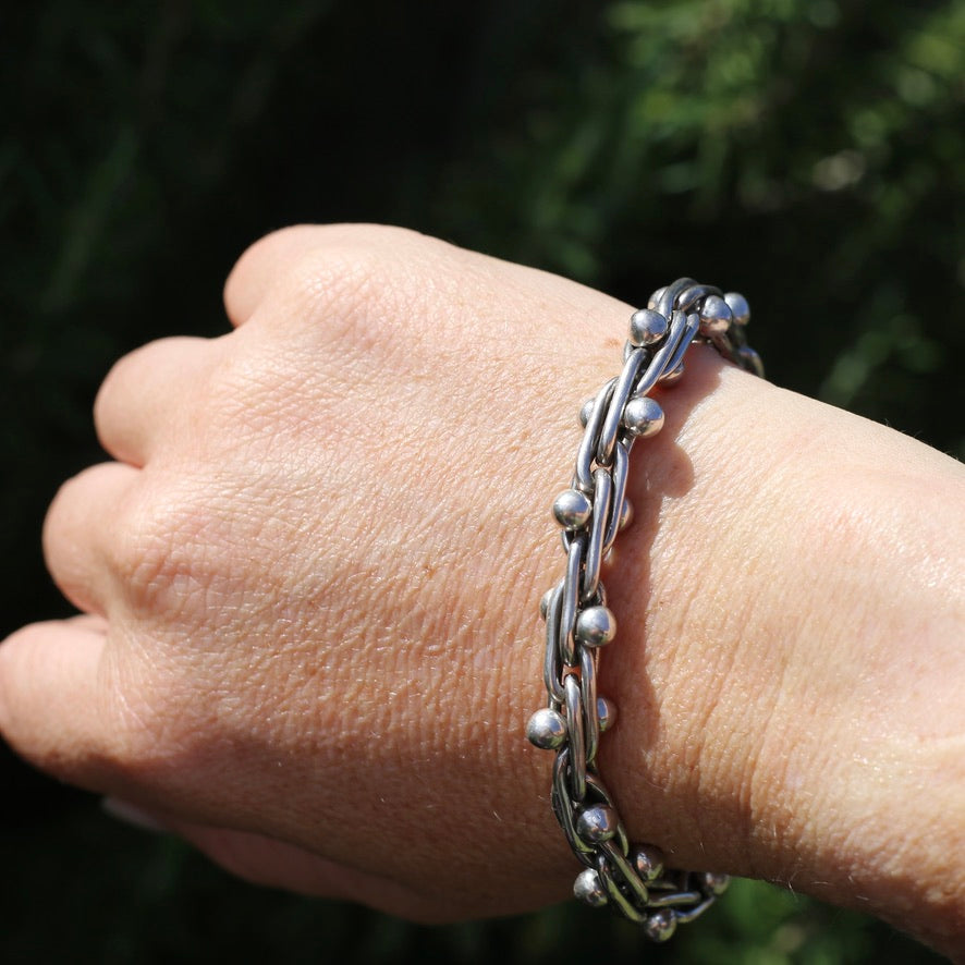 Chunky Silver Bracelet with Overlapping Loops and Dot Ball Detail, 45.3g