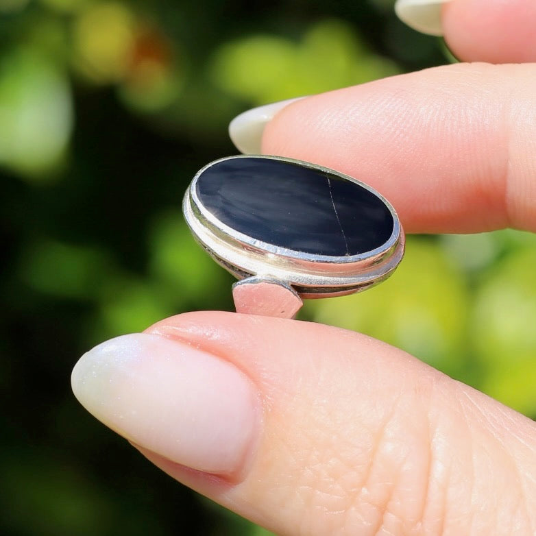 Oval Black Onyx Bezel Set Ring, sterling silver, size L or 5.75