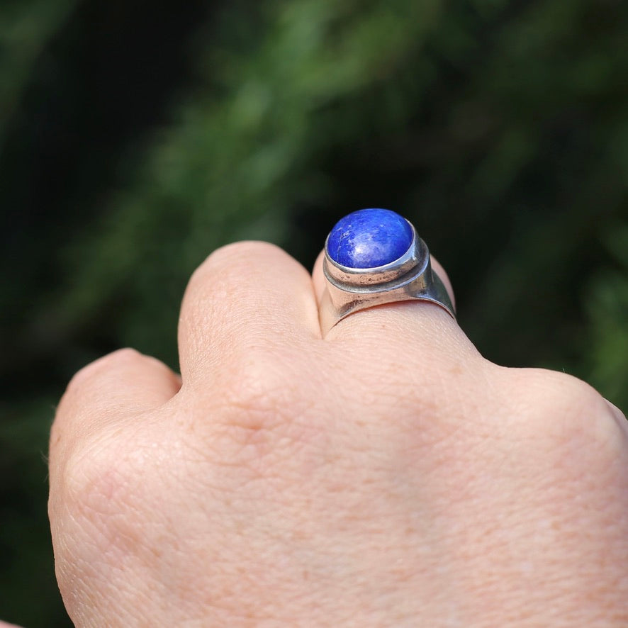 Large Lapis Cabochon in Silver Bezel Setting, size P1/2 or just under 8