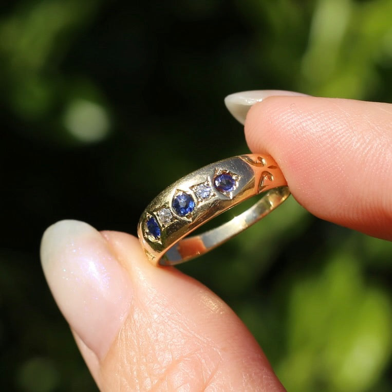 1897 Old Cut Sapphire and Diamond Five Stone Ring, 18ct Yellow Gold, size O or 7.25