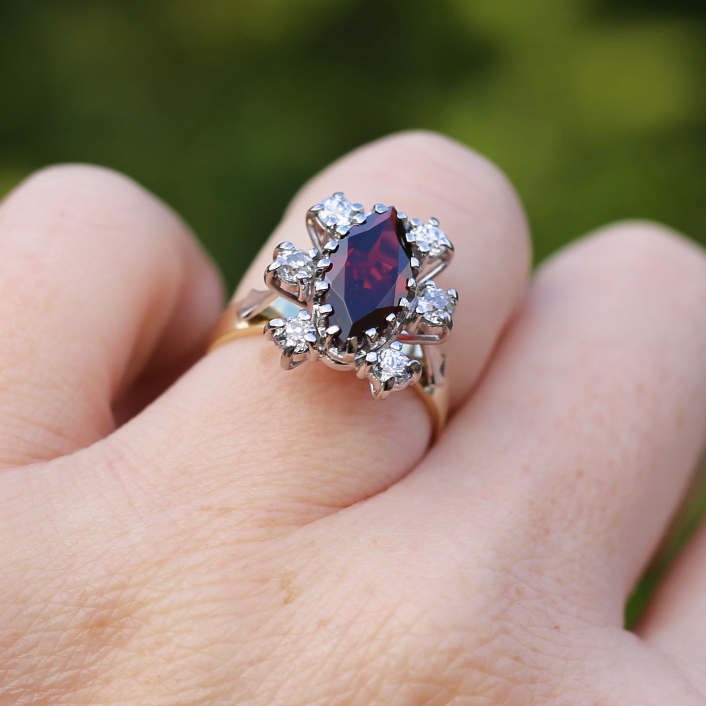 Viking feel Marquise Garnet With 6 Transitional Cut Diamonds, 18ct White and Yellow Gold, size N1/2 or 7