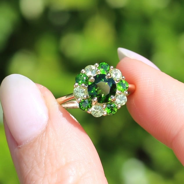 Chrome Diopside and Green Garnet Daisy Cluster Ring, 9ct Yellow Gold, size N1/2 or 7