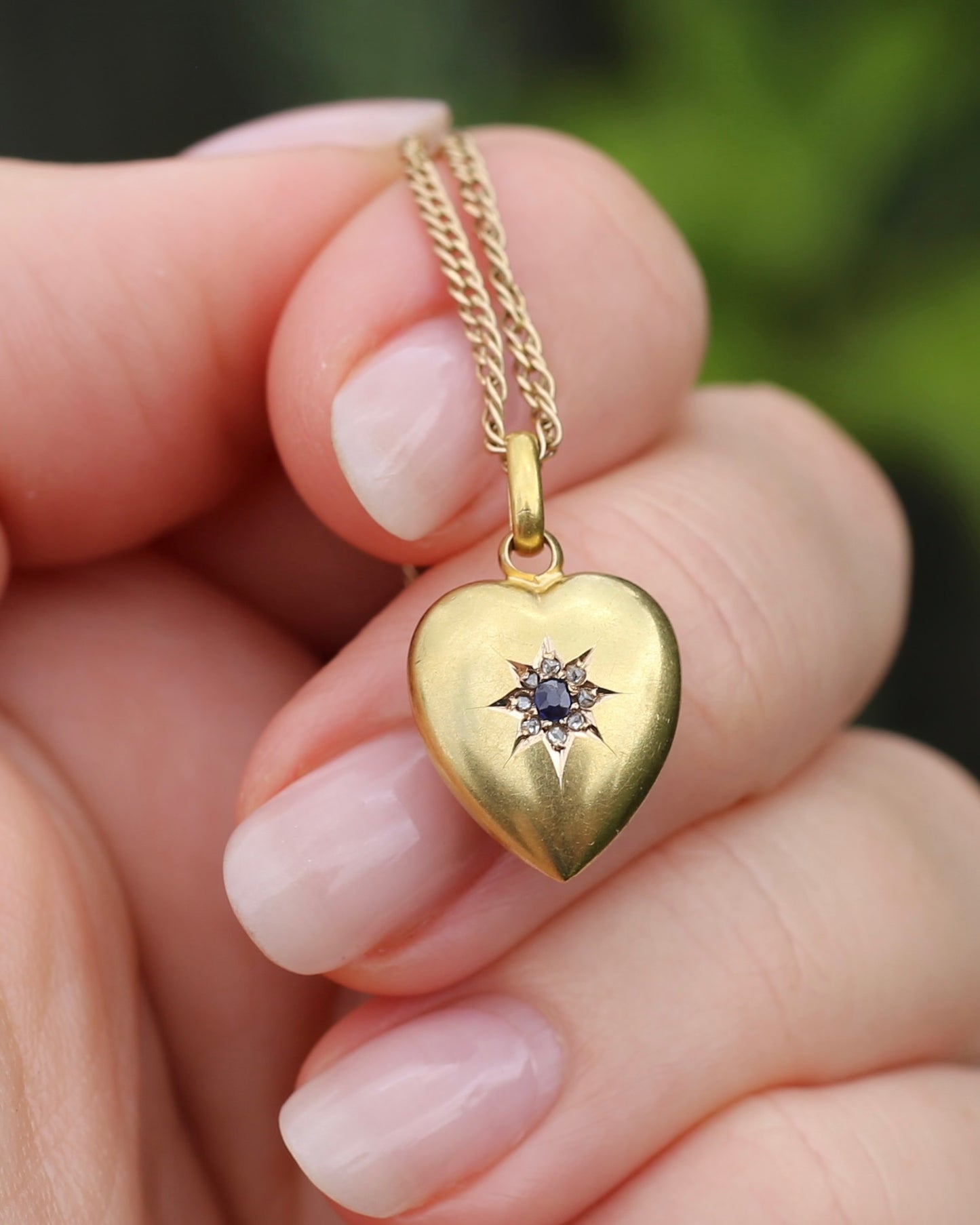 Antique 1903 Made 15ct Puffy Heart With Old Cut Sapphire and Rose Cut Diamonds, 15ct Yellow Gold, 1.59g