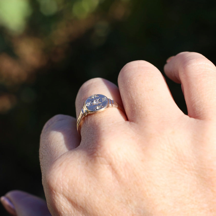 Early Australian Joseph Lawrence Signet Ring, Star Set with 5 Old Cut Diamonds, size T or 9.5