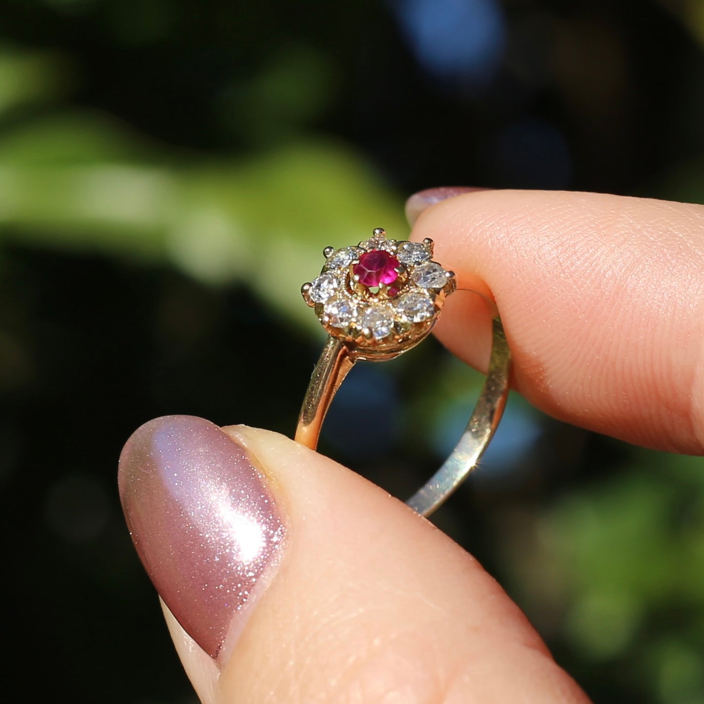 Antique Ruby and Old Cut Diamond Cluster, 15ct Yellow Gold, size O or 7.25 with valuation