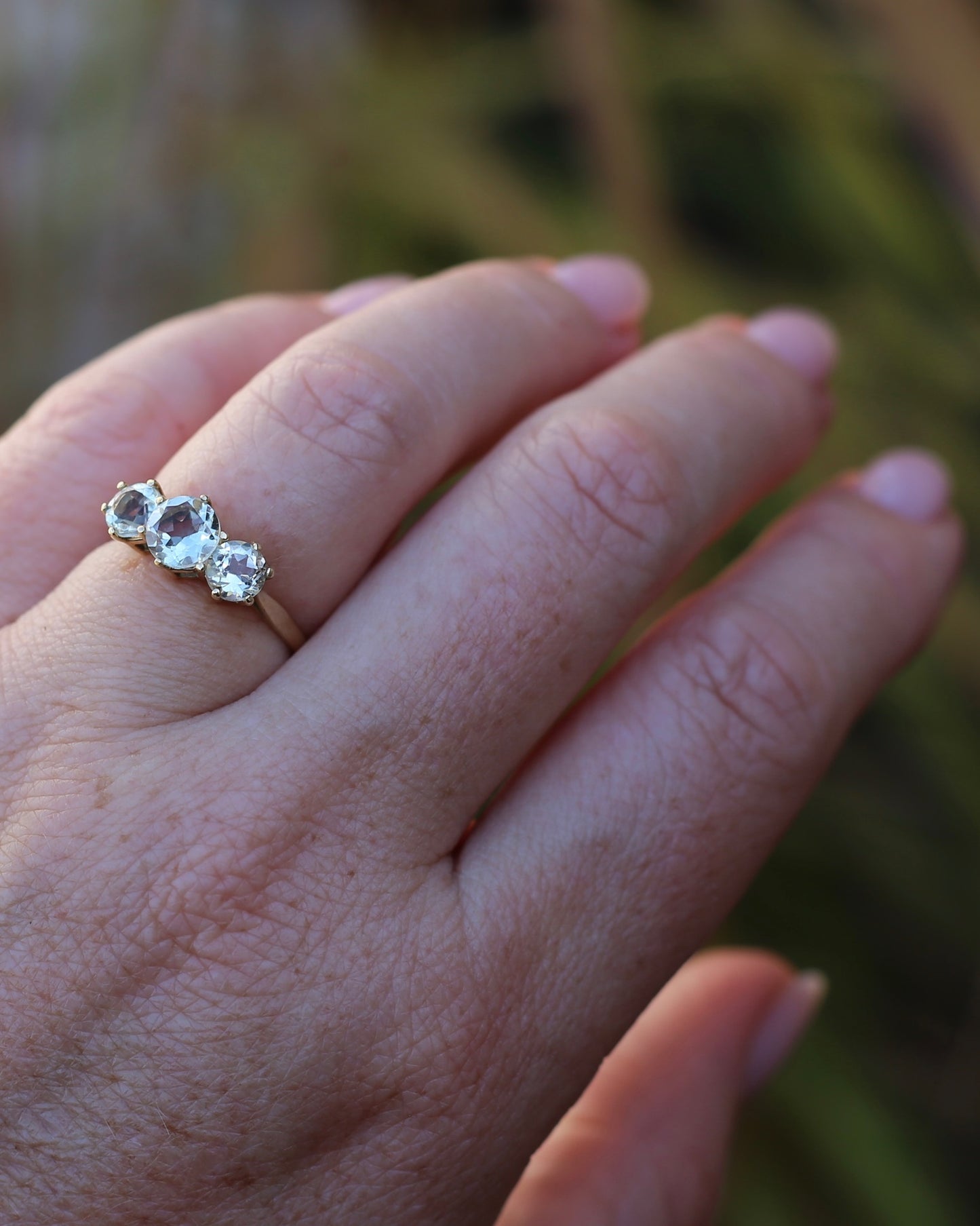 Prasiolite or Green Amethyst in Vintage Trilogy, 9ct Yellow Gold, size 7 or N1/2