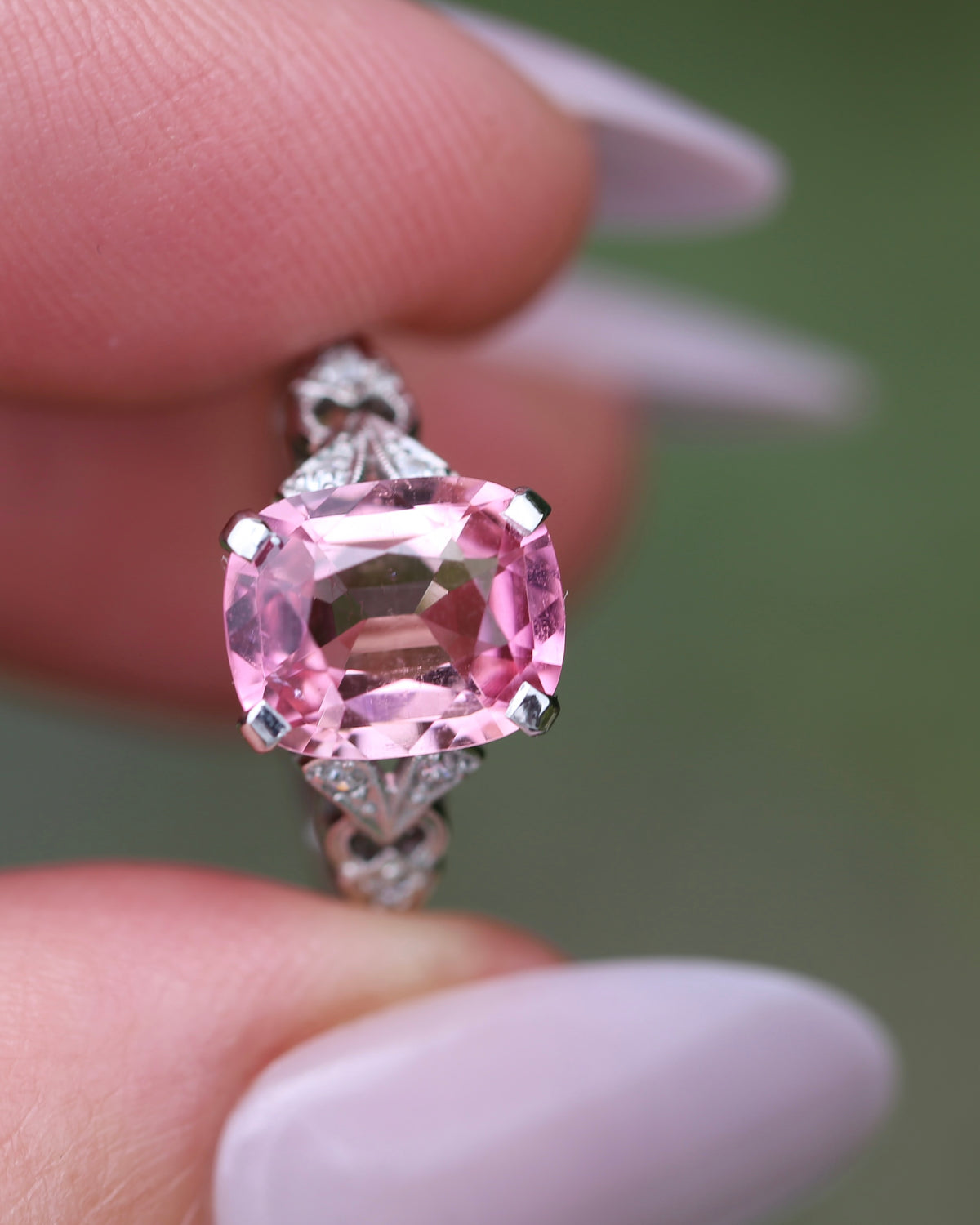 Pale Pink Tourmaline and Old Cut Diamond Shoulder Ring, 18ct White Gold and Platinum, size N or 6.75, 2.63g