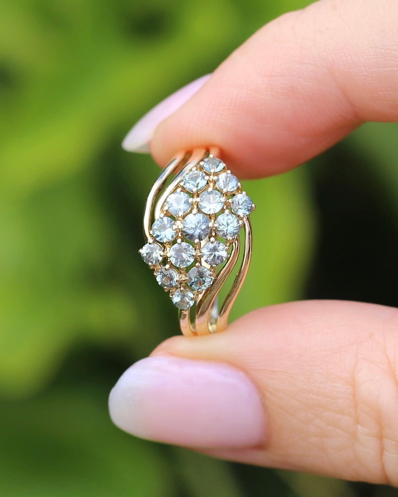 Pale Blue Parti Sapphire Bypass Cluster Ring, 9ct Yellow Gold, size P1/2 or 7.75, 2.75g