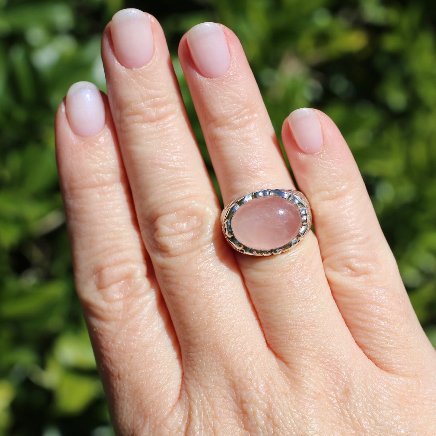 Rose Quartz Cabochon Ring, Sterling Silver, size O or 7.25