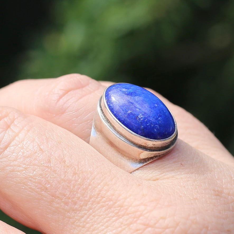 Large Lapis Cabochon in Silver Bezel Setting, size P1/2 or just under 8