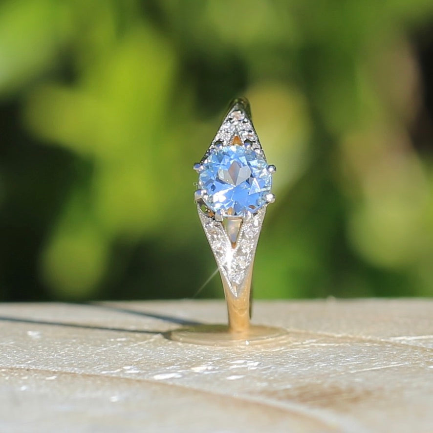 Pristine Early Australian 1930s Dunklings Blue Zircon & Diamond RIng, size L or just over 5.5