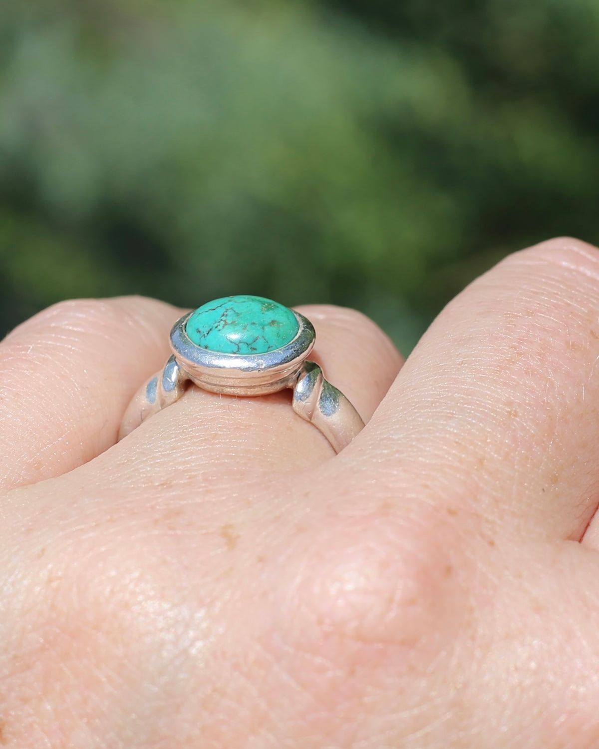 Natural Turquoise Cabochon Bezel Set Ring, Sterling Silver, size Q or just over 8, 7.3g