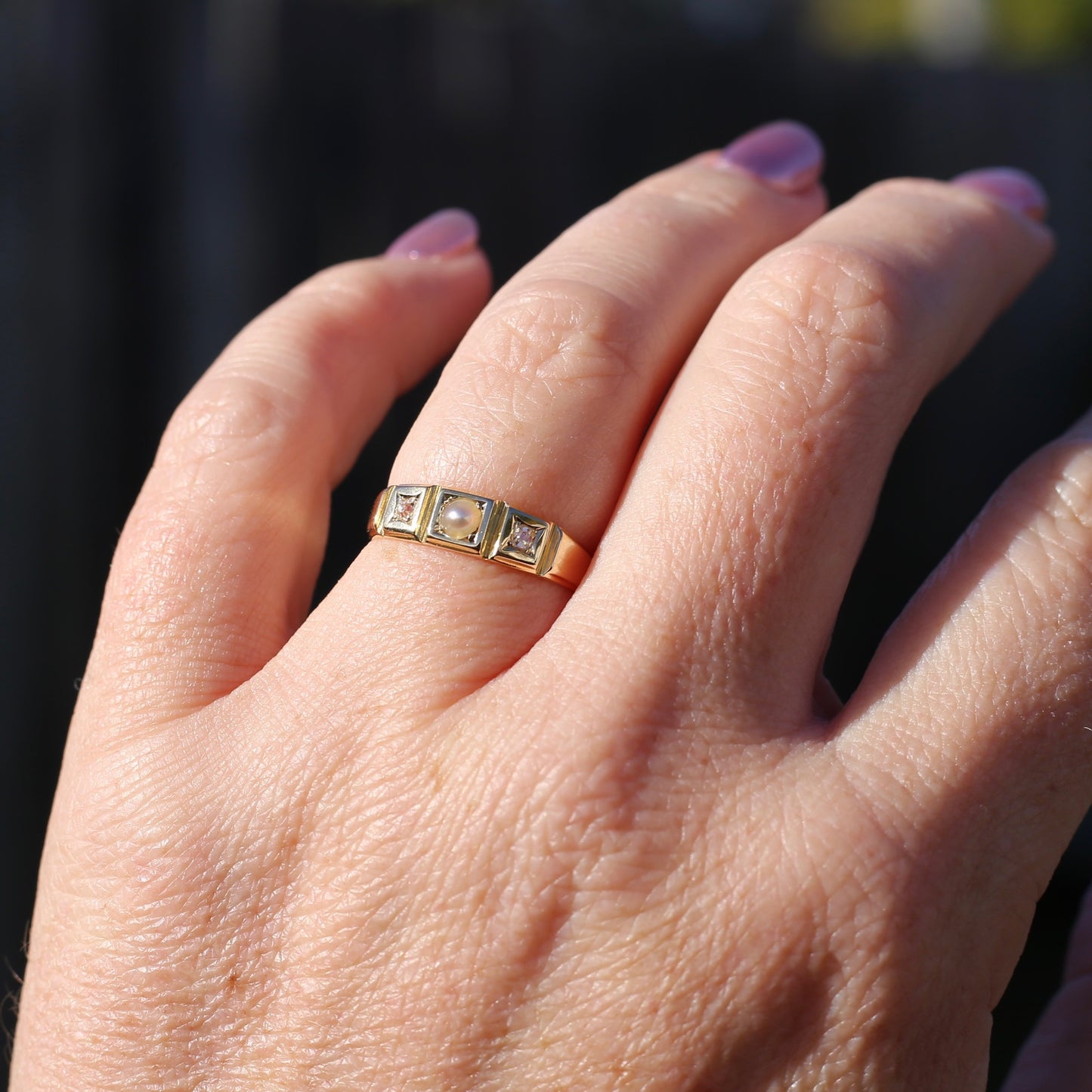 Antique Pearl and Old Cut Diamond Set Trilogy Ring, 18ct Yellow Gold, size N1/2 or 7