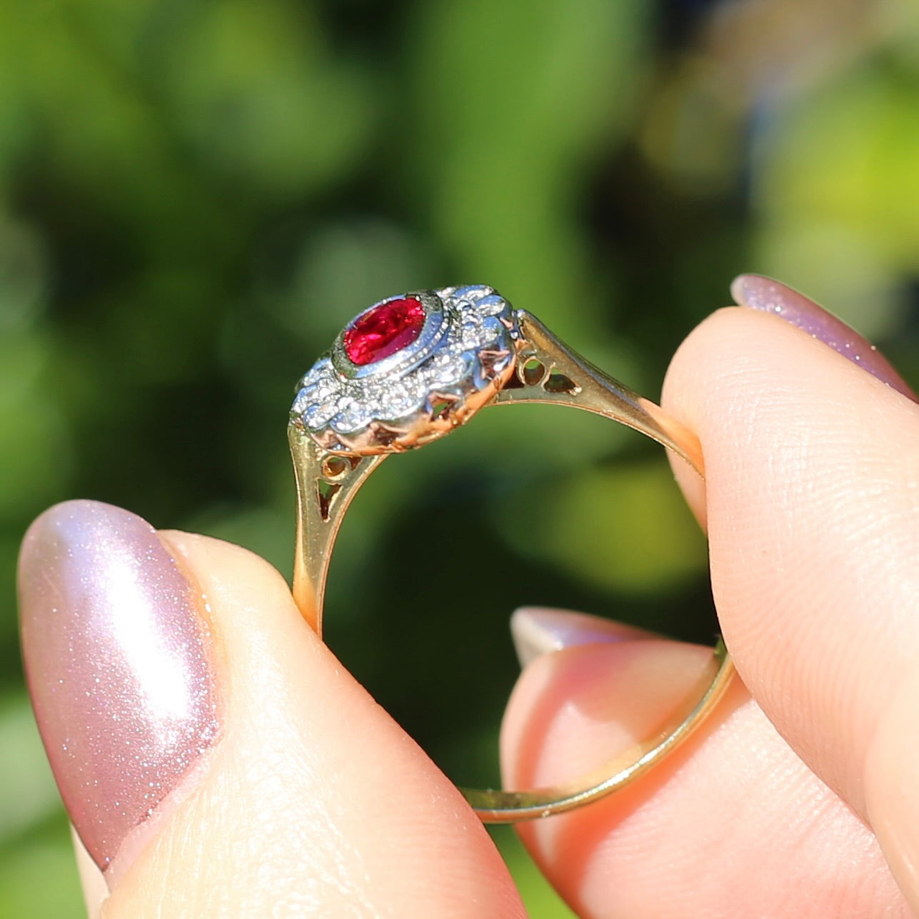 Ruby and Diamond Halo, 18ct Yellow and White Gold, size P or 7.75 with valuation