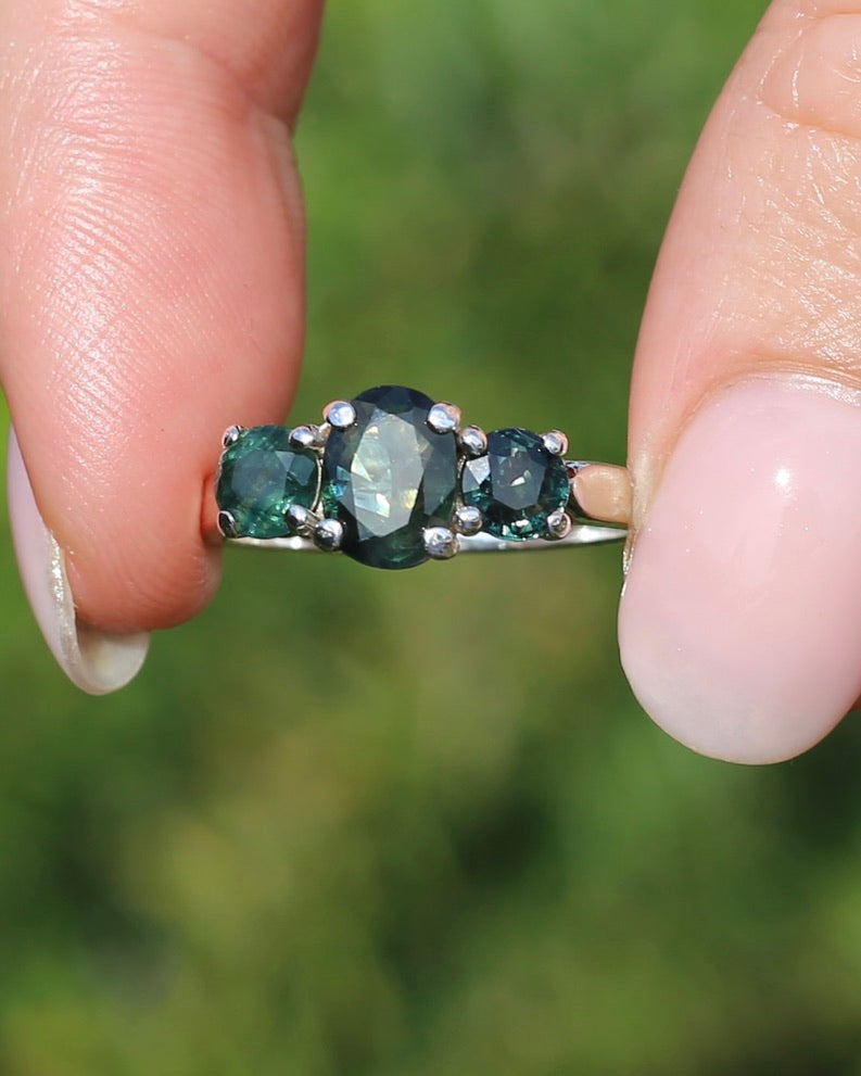 2.38ct Australian Sapphire Trilogy, Sterling Silver, size N1/2 or 7, 3.6g