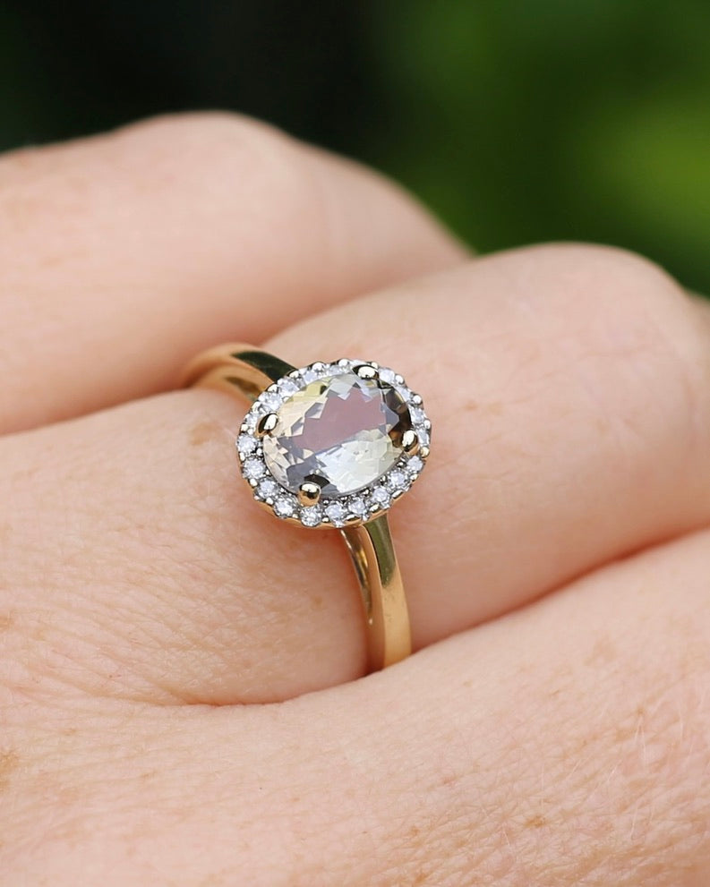 1.2ct Unheated Natural Golden Tanzanite in Diamond Halo, 10ct Yellow Gold, size O1/2 or just over 7.25, 3.0g