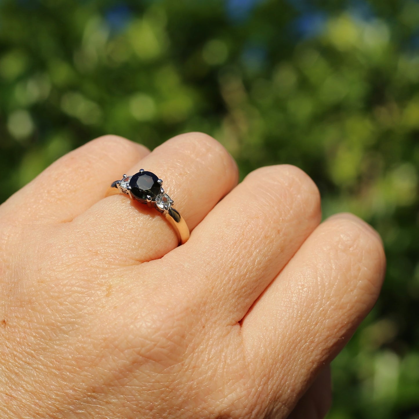 1.5ct Natural Green Sapphire and White Zircon Trilogy Ring, 9ct Gold, size N1/2 or just under 7