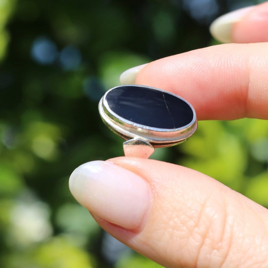 Oval Black Onyx Bezel Set Ring, sterling silver, size L or 5.75