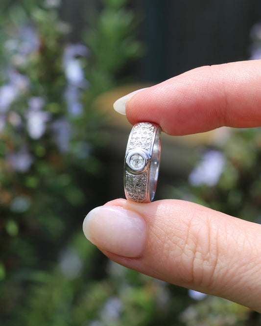 Bezel Set Old European Cut Diamond, in Pavé Setting of Diamonds, Chunky Platinum, size Q or 8 (fits more like an O1/2 - P), with valuation