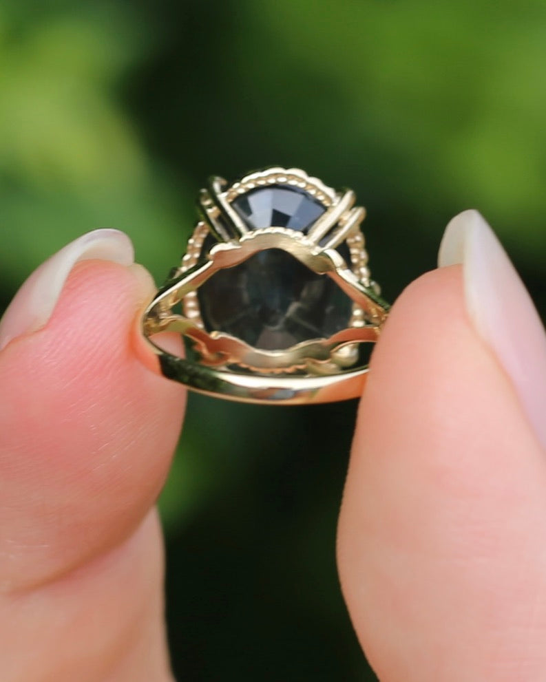 8.4ct Opaque Blue Sapphire, in Four Double Claw Filigree 9ct Yellow Gold Ring, size J or 4.75, 3.53g