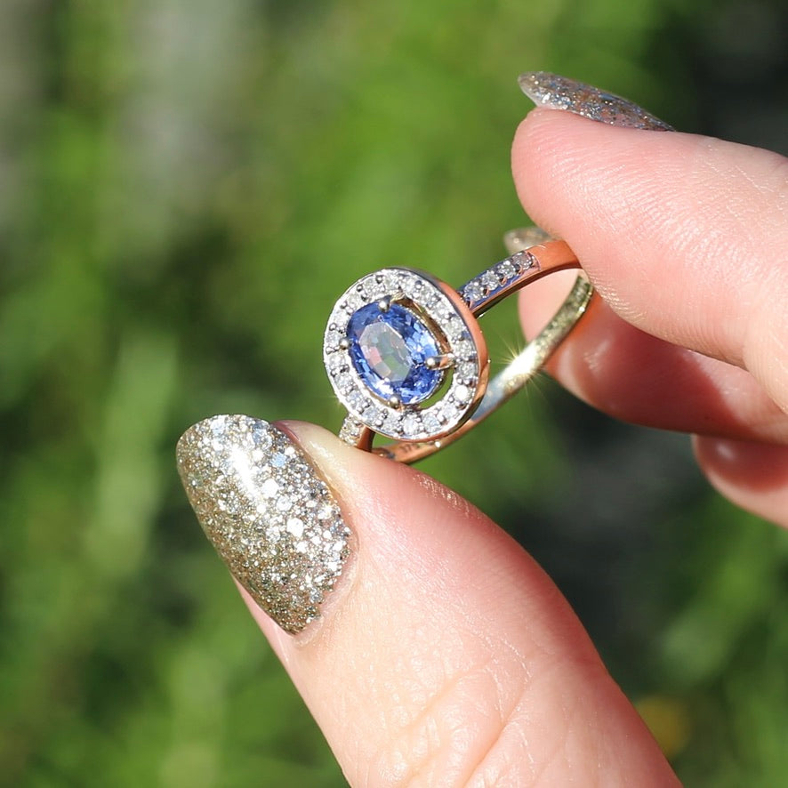 Sapphire and Single Cut Diamond Halo, 9ct Yellow Gold, size 10.25 or just bigger than U