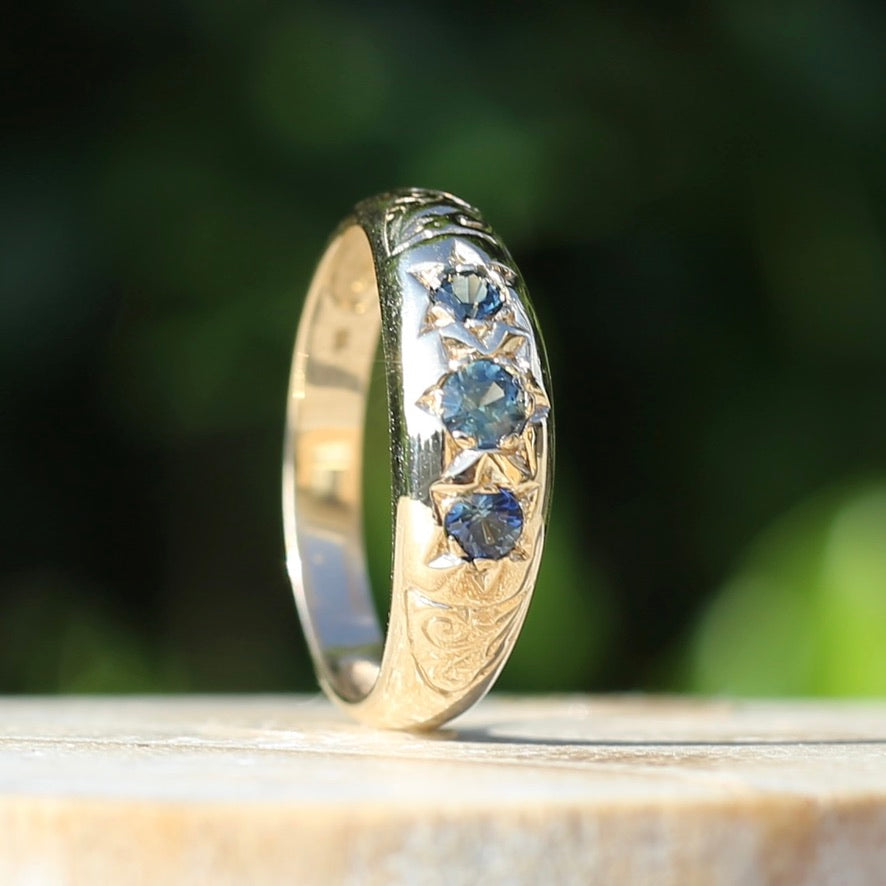 Star Set Parti Sapphire Trilogy Ring, 9ct Yellow Gold, size R or just over 8.5