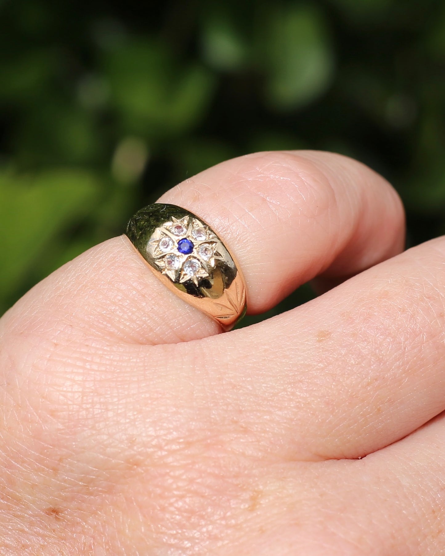 Vintage 1994 Birmingham Made Sapphire and White Stone Floral Cluster in Domed Ring, 9ct Yellow Gold, size J1/2 or 5