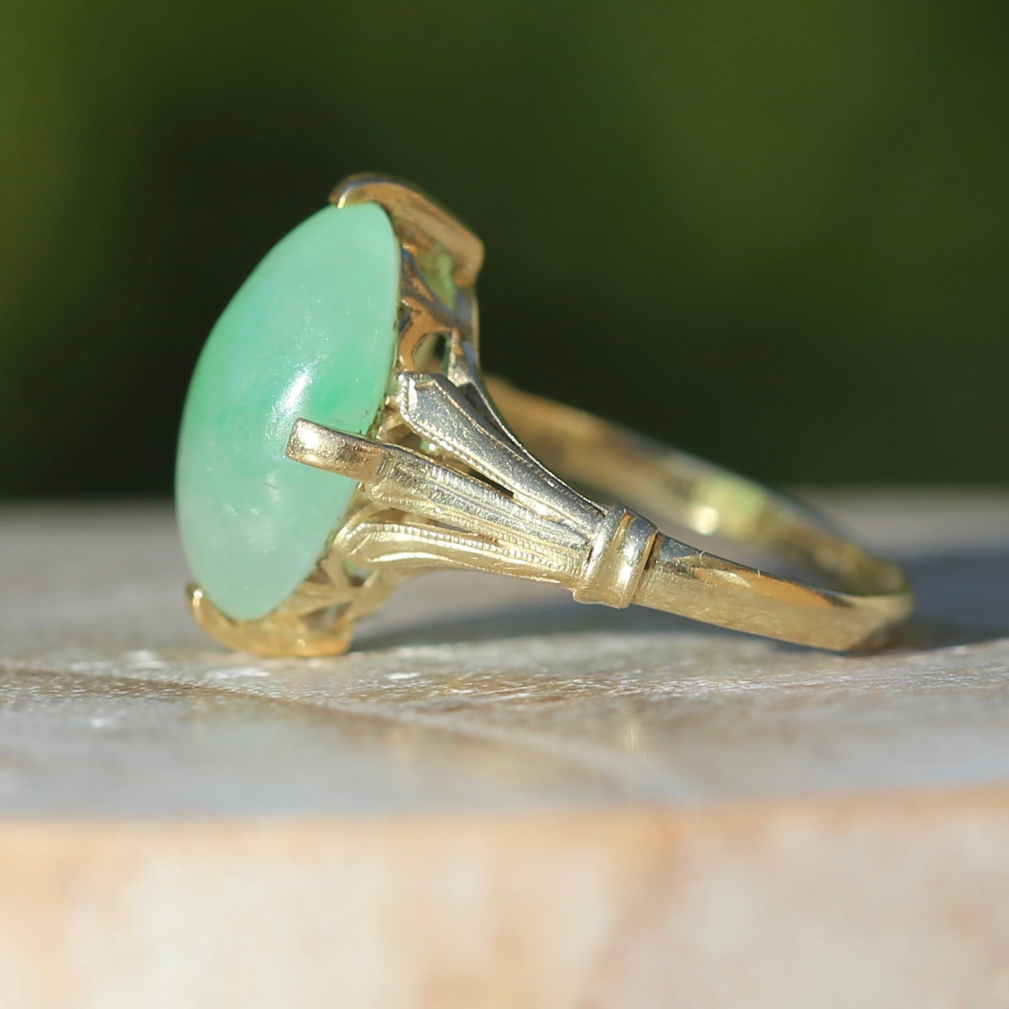 Apple Green Oval Jade Cabochon, 14ct Yellow Gold Claws with Fab Shoulders, size 5.5 or K1/2