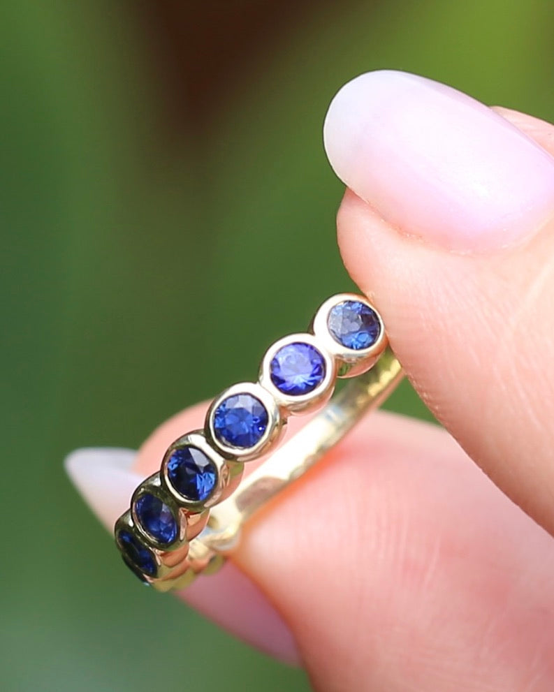 Second Glance - 9 Stone Bezel Set Blue Sapphire Bubble Half Eternity Ring, 9ct Yellow Gold, size N or just over 6.5, 2.80g