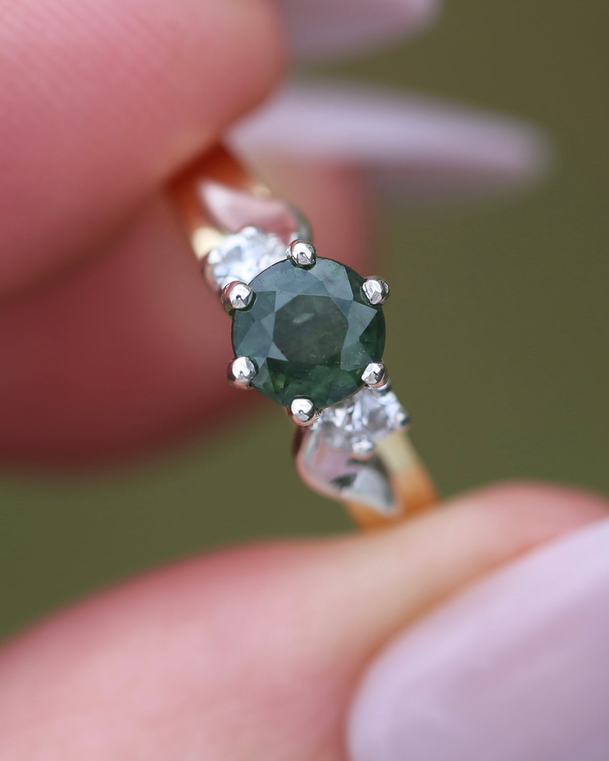 1ct Natural Green Sapphire Ring with White Spinel Side Stones, Silver and 9ct Yellow Gold, size M or 6.25, 2.1g
