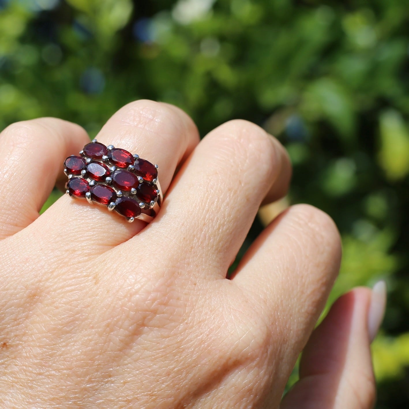 10 x Garnet Multi Stone East West Set Ring, Sterling Silver, size M1/2 or 6.5