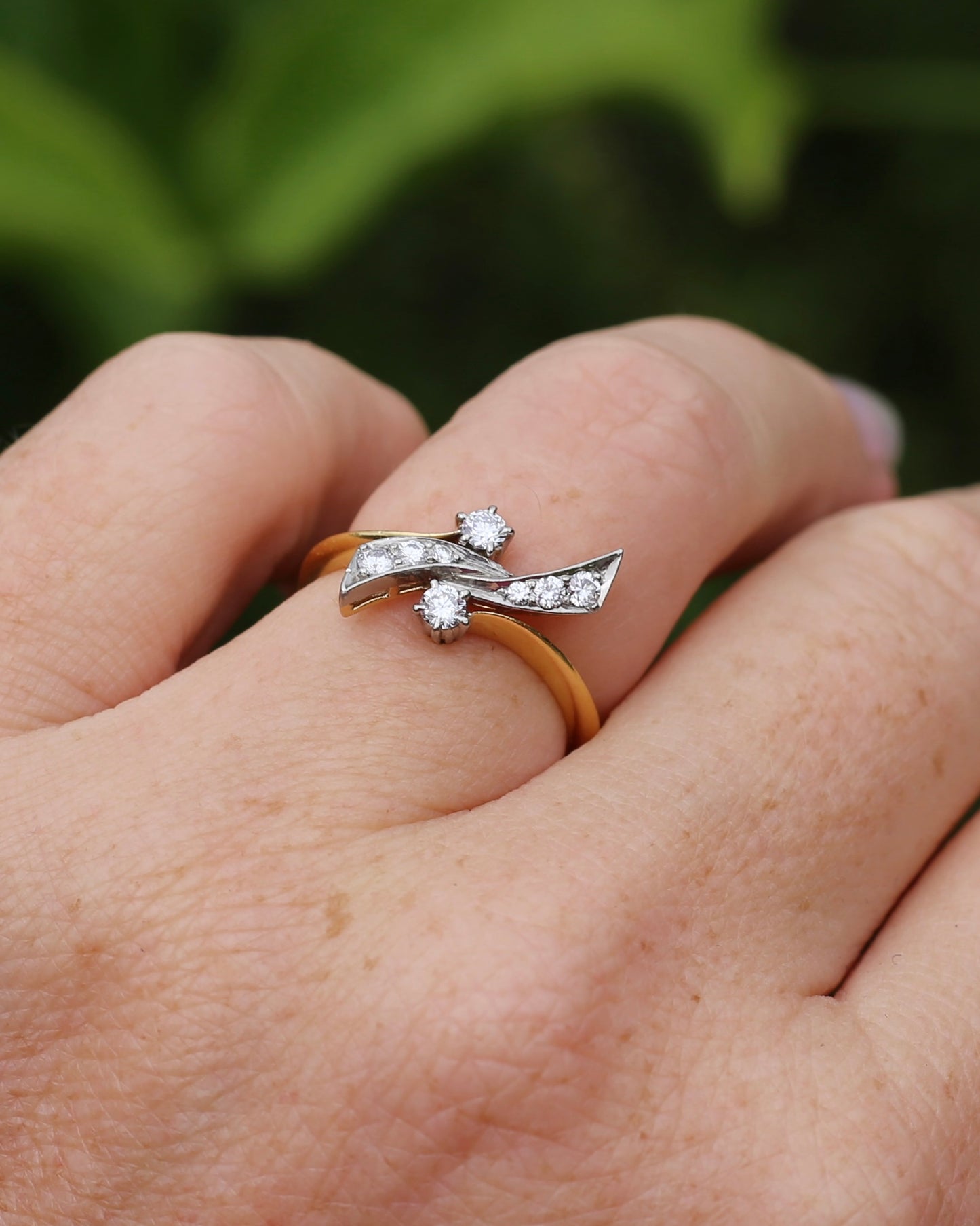 Antique Circa 1910 "Belle Epoque Toi et Moi" Asymmetric Diamond Bow Ring, 18ct Yellow Gold and Platinum, size L1/2 or 6, 3.62g