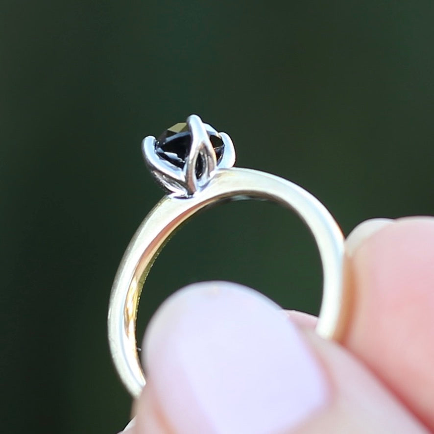 Australian Made Black Diamond Solitaire, 4 Claw White Gold, 9ct Yellow Gold Chunky Shank, size O or 7.25