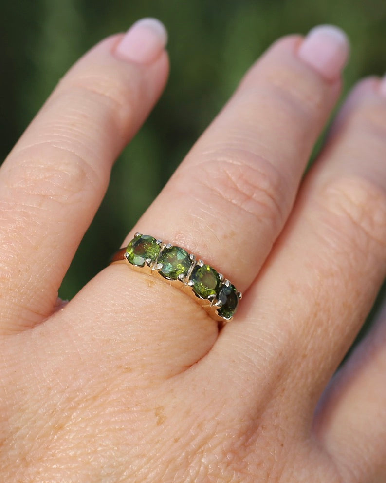 1.75ct Four Stone Natural Green Tourmaline Ring, 9ct Yellow Gold, size N1/2 or just over 6.75, 2.37g