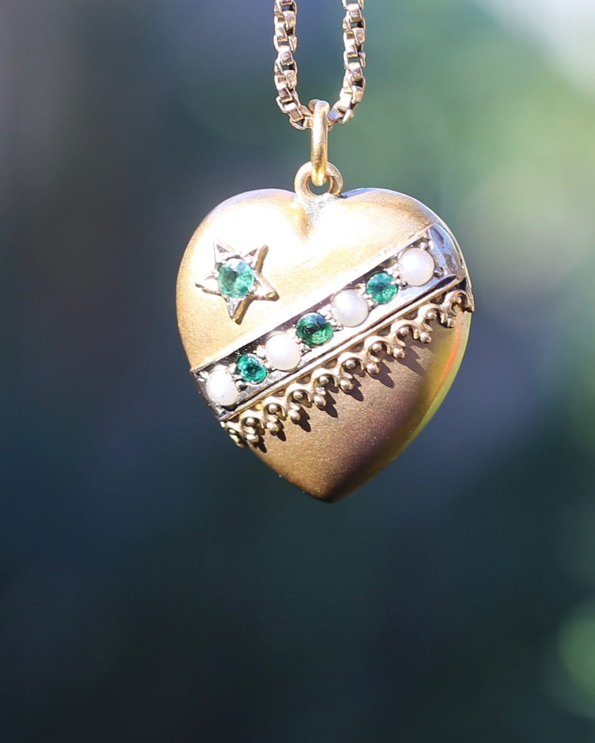 Early Australian Aronson & Co Puffy Heart set Pendant with Pearl and Green Gems, 9ct Yellow Gold, 2.59g