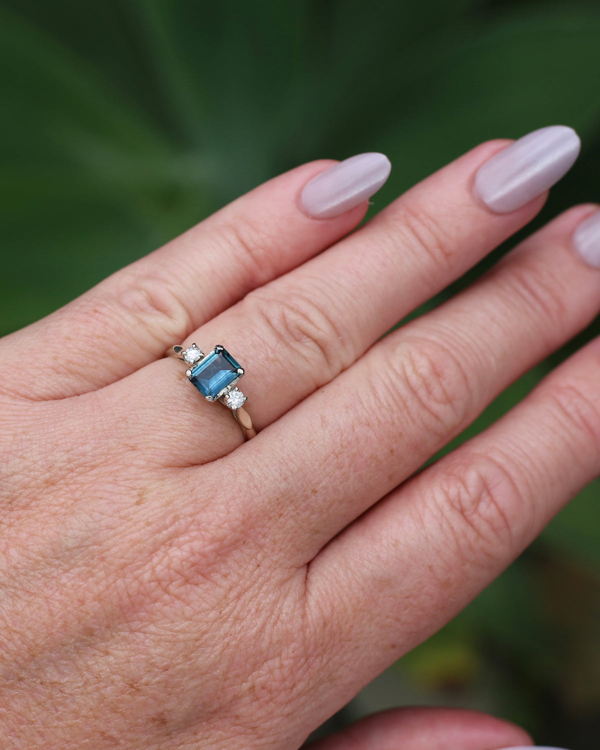 1.1ct Emerald Cut Natural Blue Teal Sapphire and Diamond Trilogy, 18ct White Gold and Platinum, size O or just over 7, 2.27g