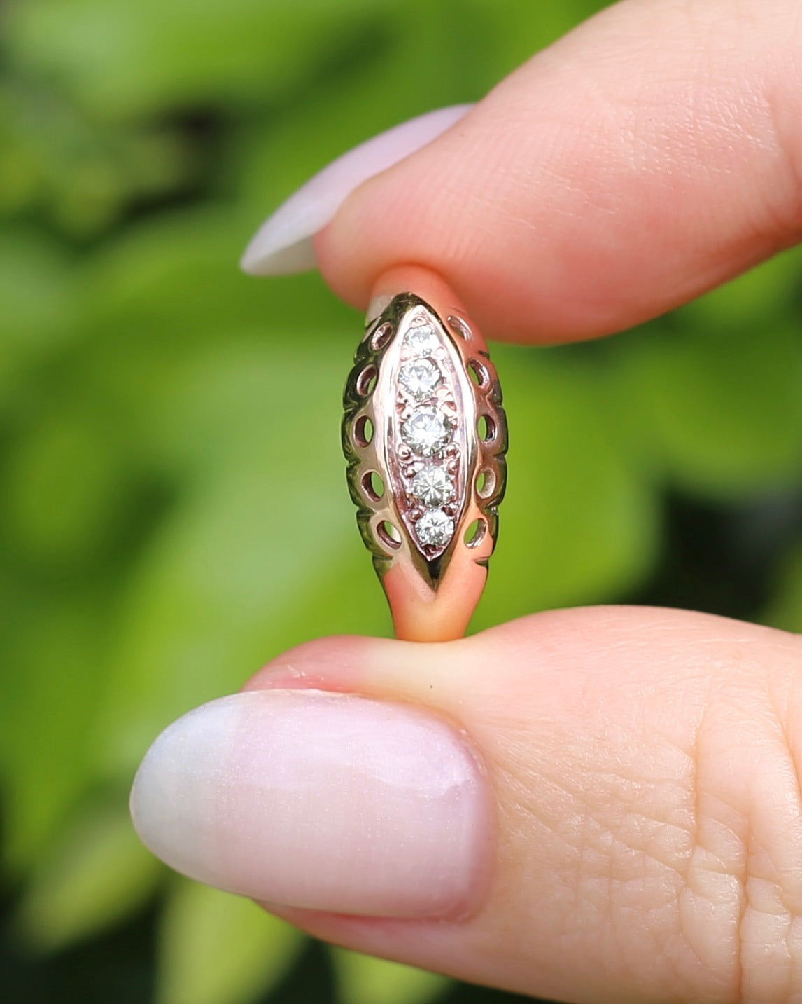 Vintique Rose Gold Boat Ring, 5 Early Brilliant Cut Diamonds, 9ct Rose Gold, size O1/2 or 7.25
