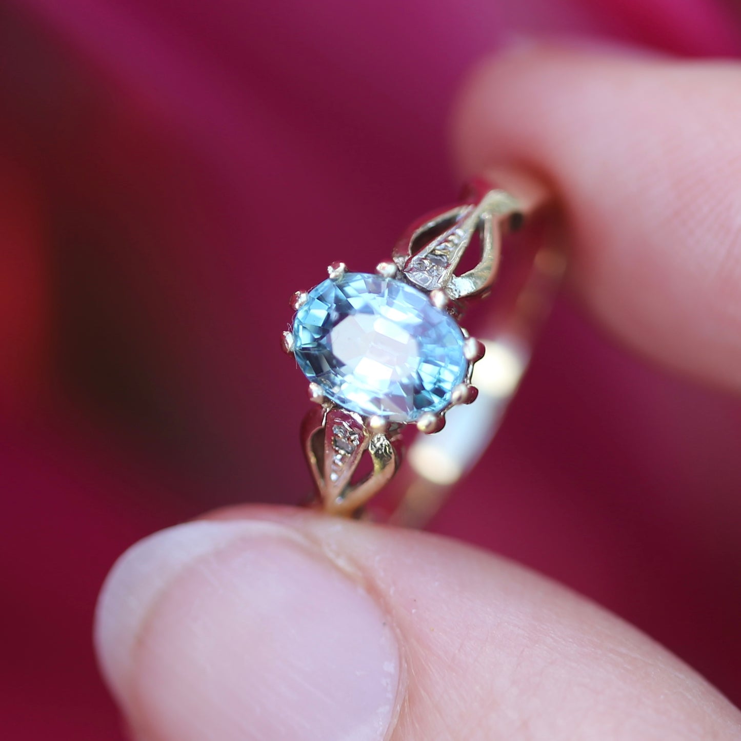 Oval Blue Zircon with Decorative Diamond Shoulders, size N or 6.75