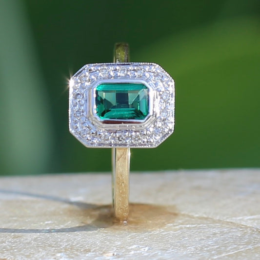 Vintage Emerald Cut Emerald and Diamond Halo Ring, 9ct Yellow and White Gold, size O1/2 or 7.25