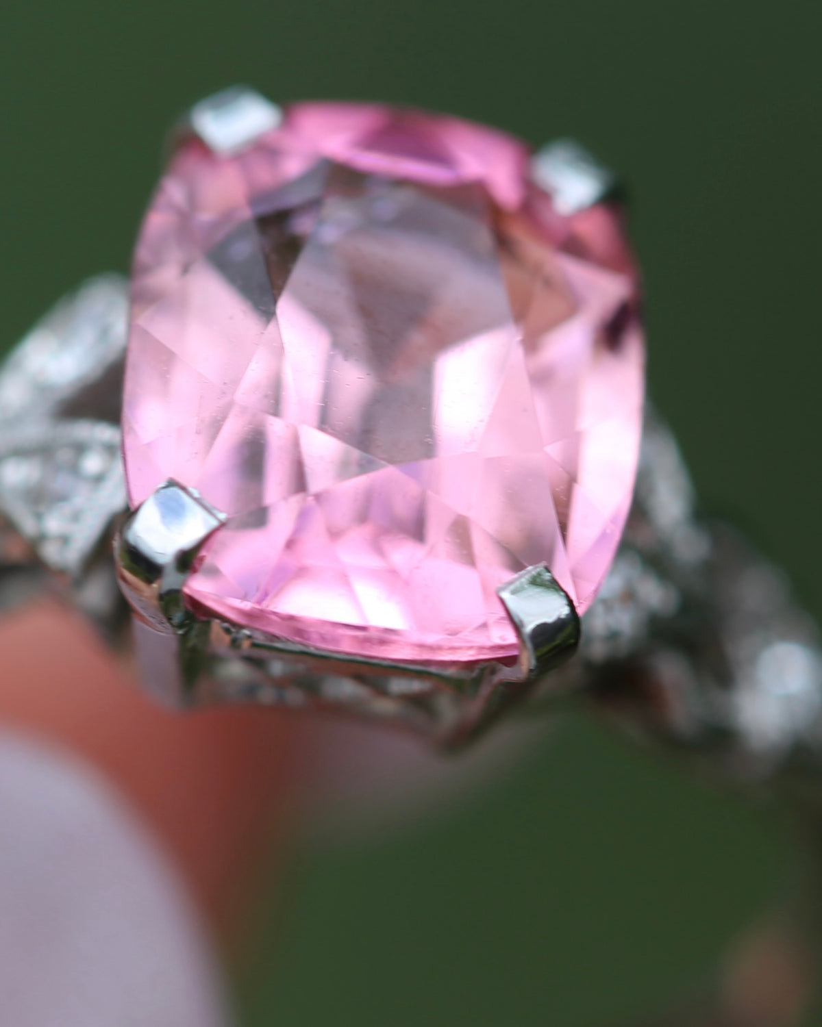 Pale Pink Tourmaline and Old Cut Diamond Shoulder Ring, 18ct White Gold and Platinum, size N or 6.75, 2.63g