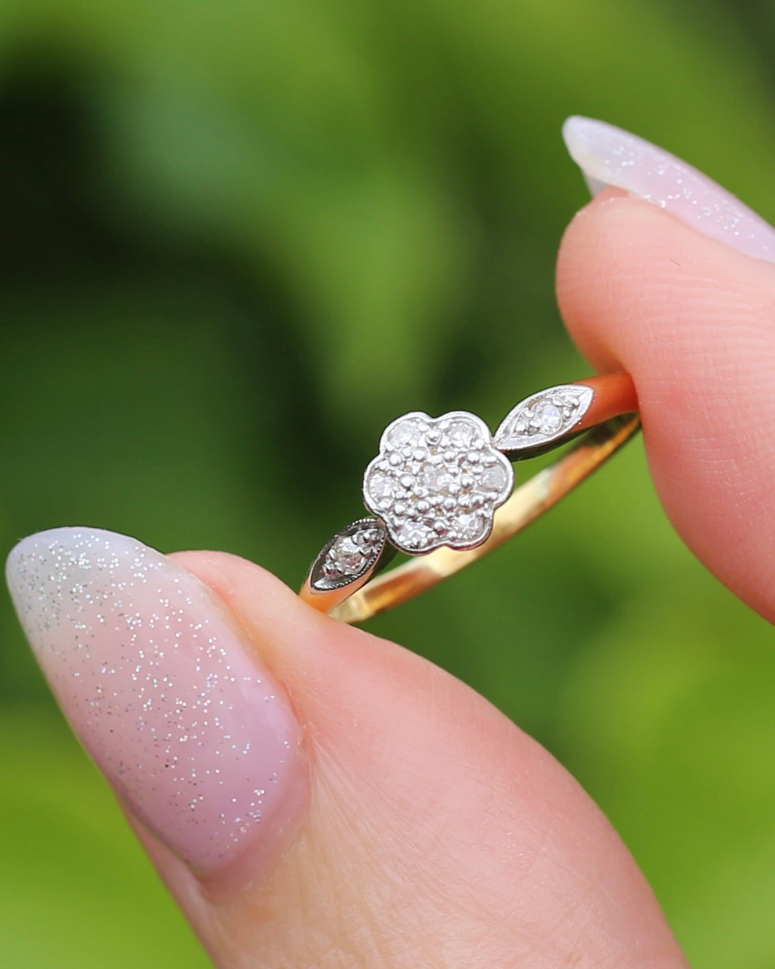 Circa 1930s Single Cut Daisy Cluster, 18ct Yellow Gold and Platinum, size M1/2 or 6.5, 2.2g