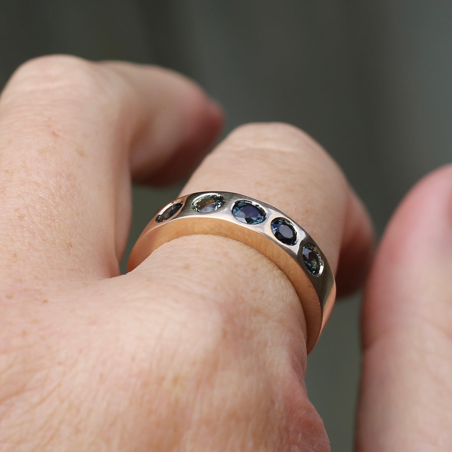 Custom Reclaimed Gold Chunky 9ct Rings with 4mm Parti Sapphires