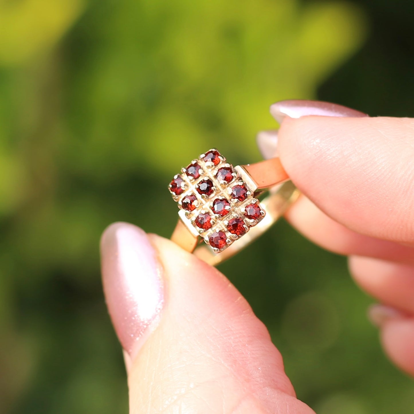 Old Cut 12 Stone Garnet Checkerboard Ring, size P or 7.75